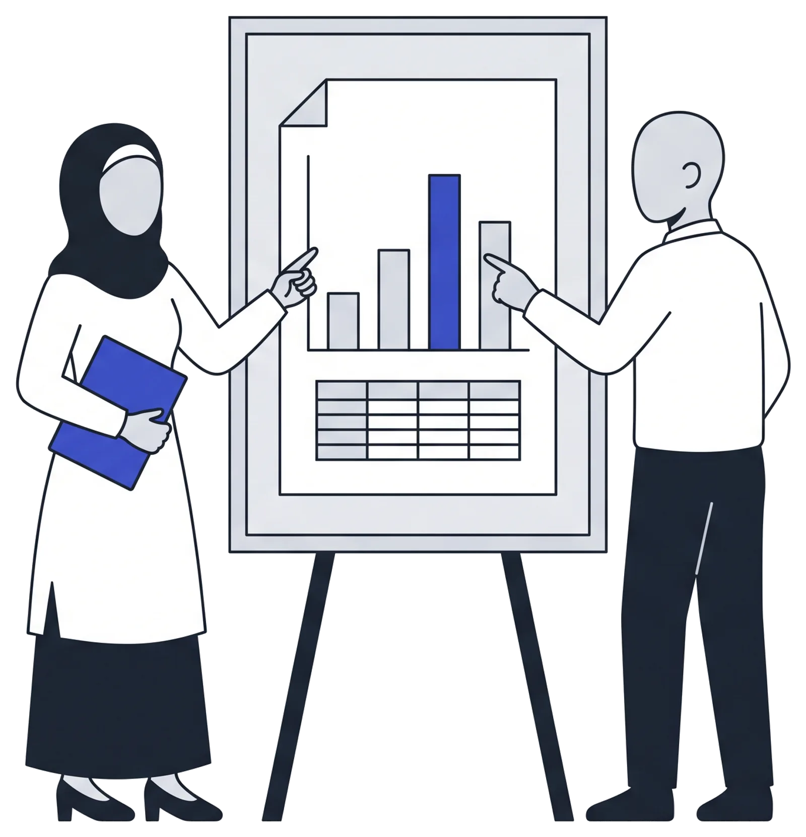 Ilustrasi dua analis tender menunjuk papan berisi dokumen pengadaan dan grafik penawaran